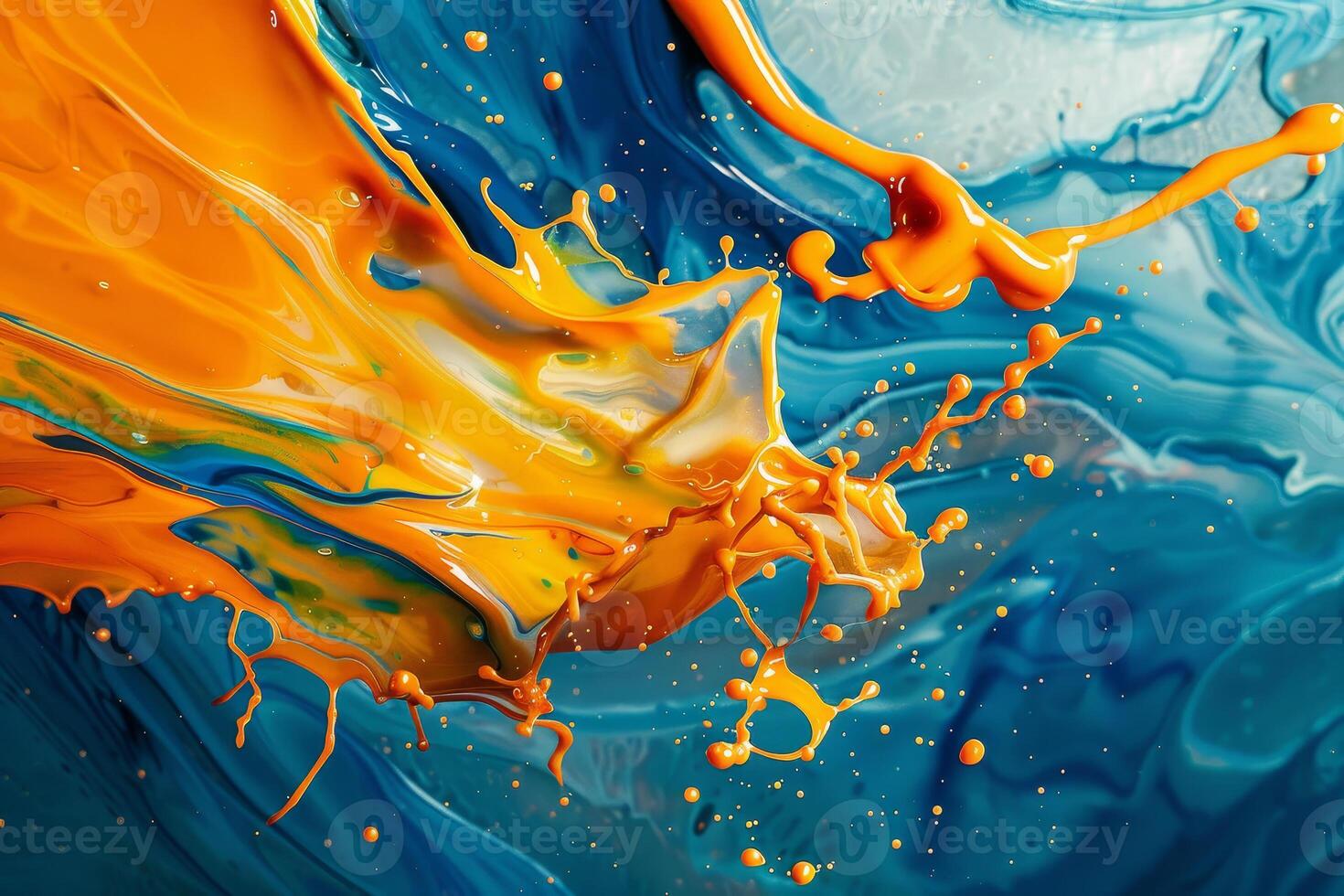 An abstract painting with orange and blue paint photo