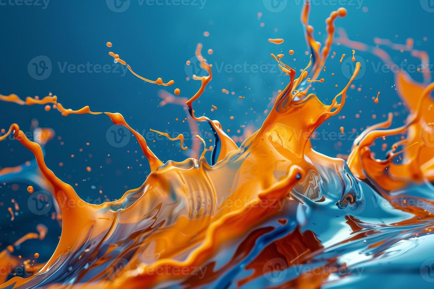 Orange and blue liquid splashing on a blue background photo