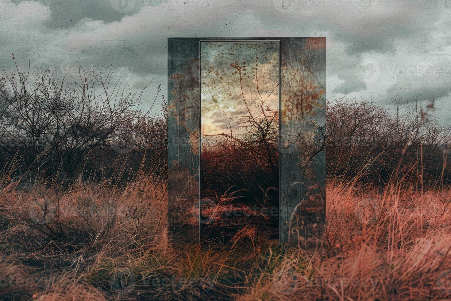 A door in a field with a tree in the background photo