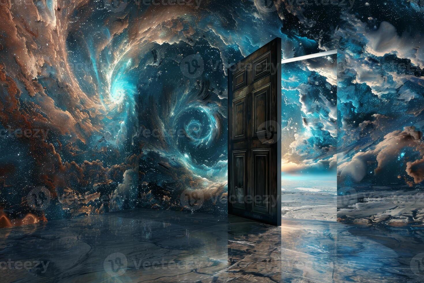 An open door to a space with a spiral galaxy photo