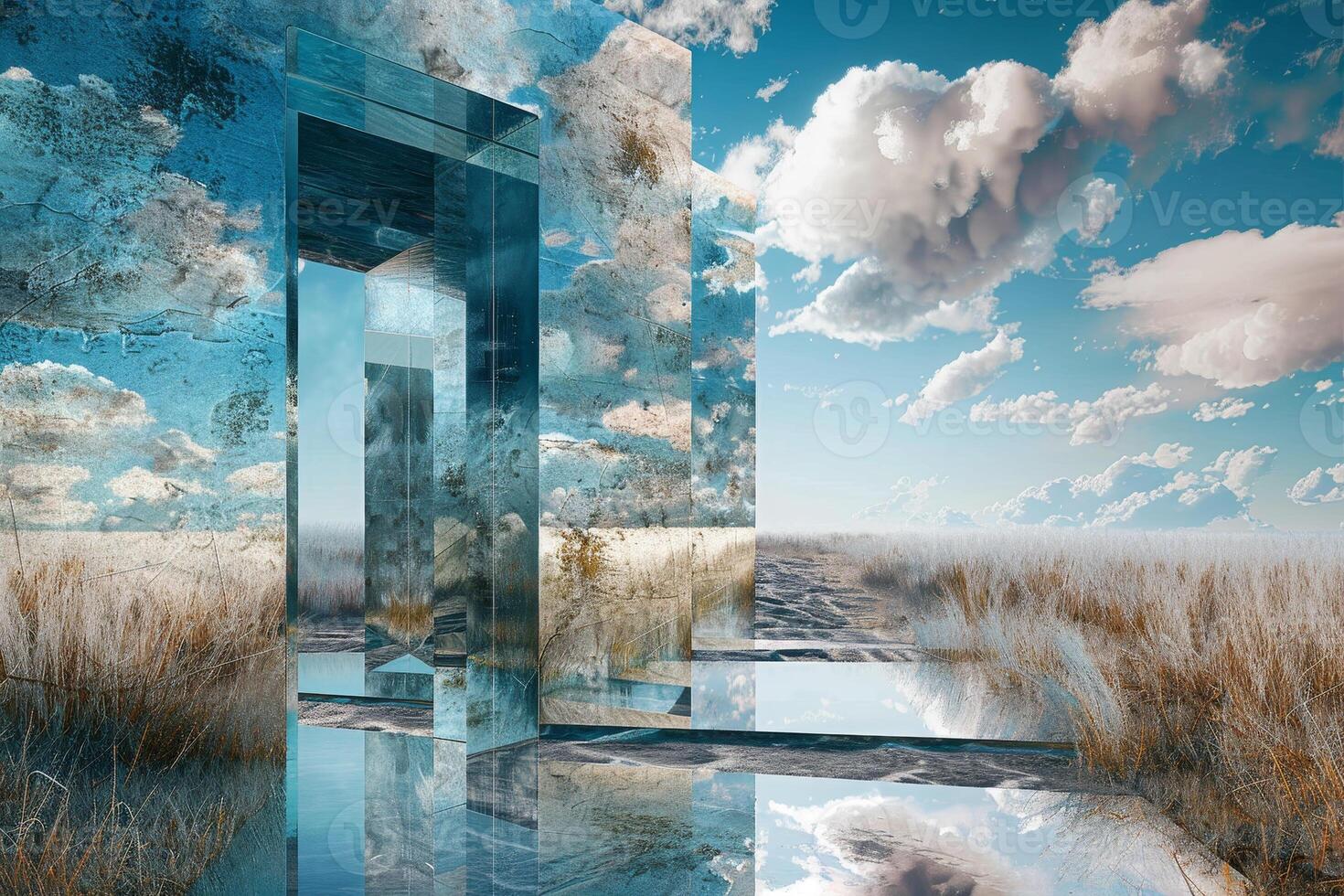 A door in the middle of a field with grass and clouds photo