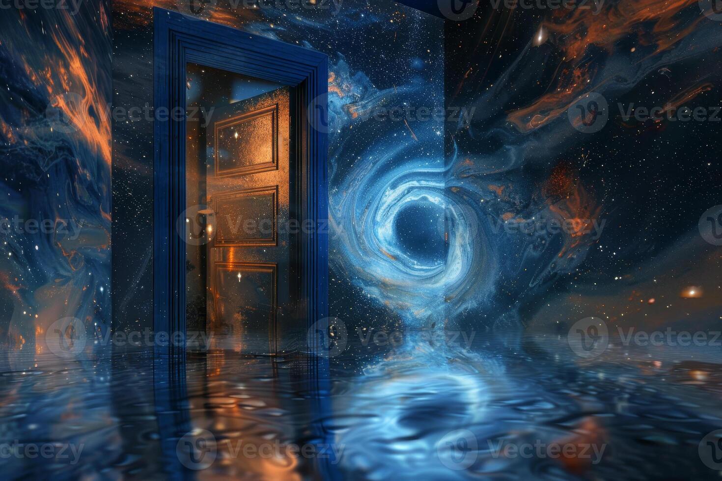 A door in a room with a spiral galaxy in the background photo