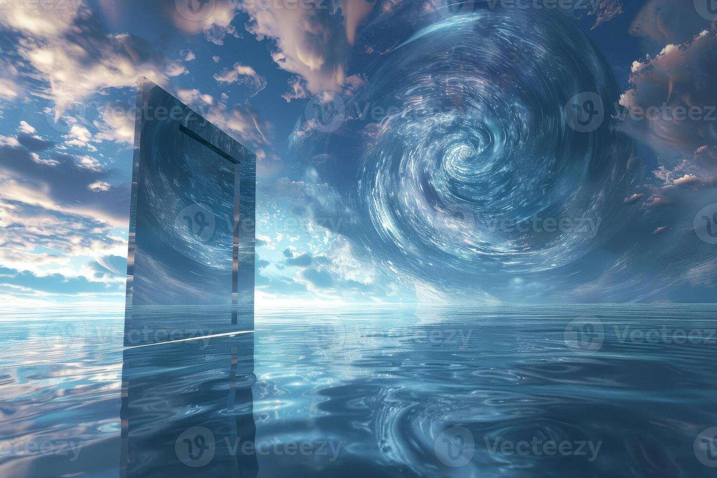 A door opens into a watery ocean with a spiral in the sky photo