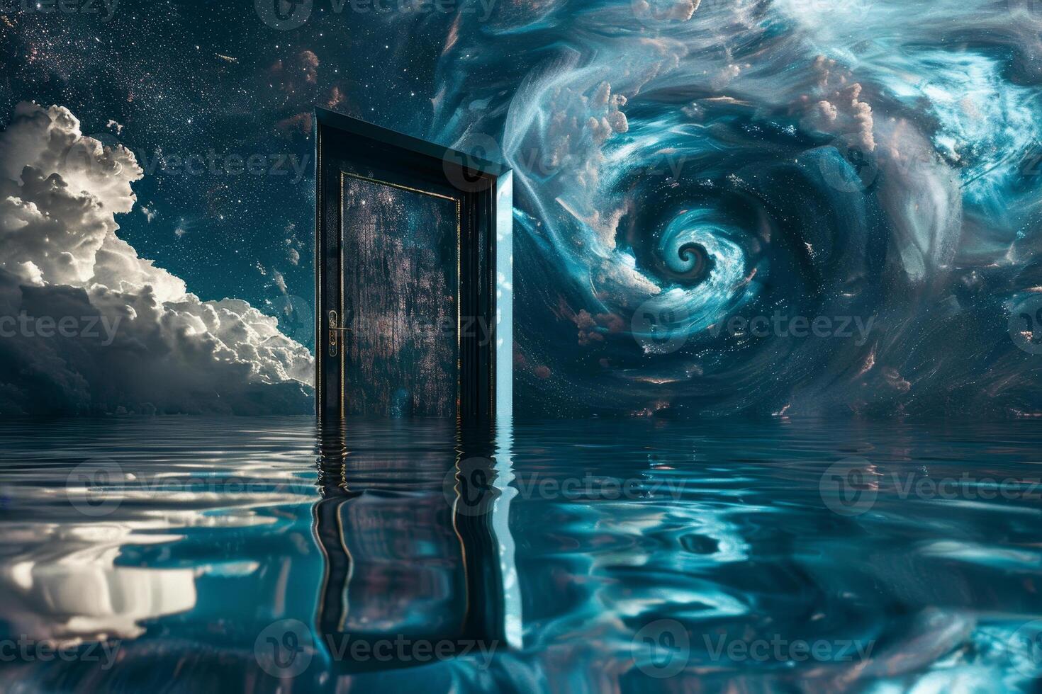 A door opens into a dark room with water and clouds photo
