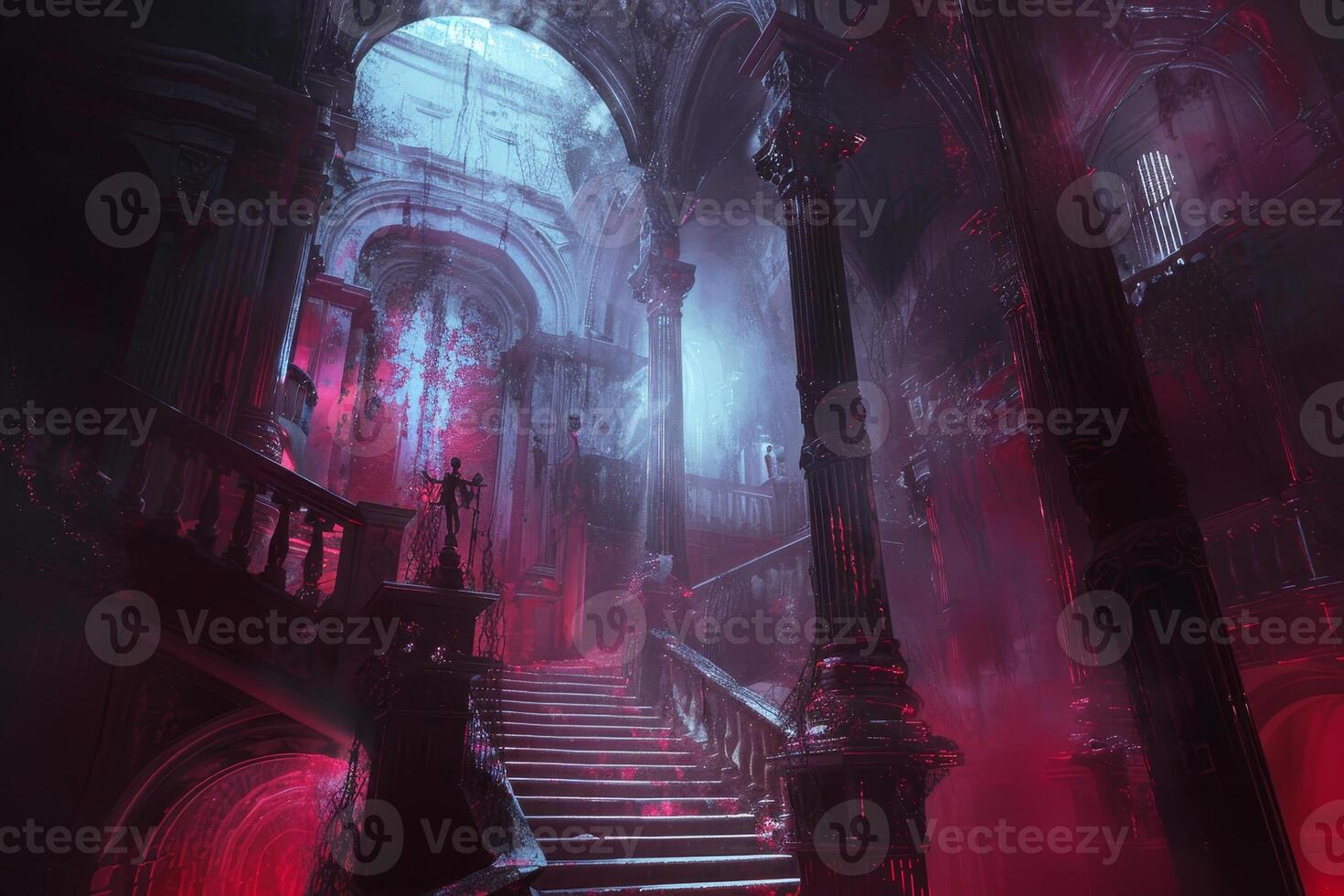 A dark and creepy stairway with red lights photo