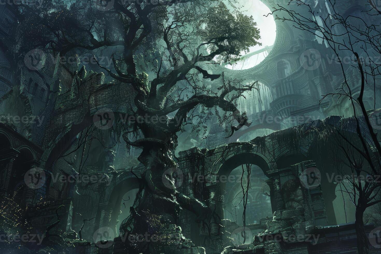 The dark forest is full of trees and trees photo