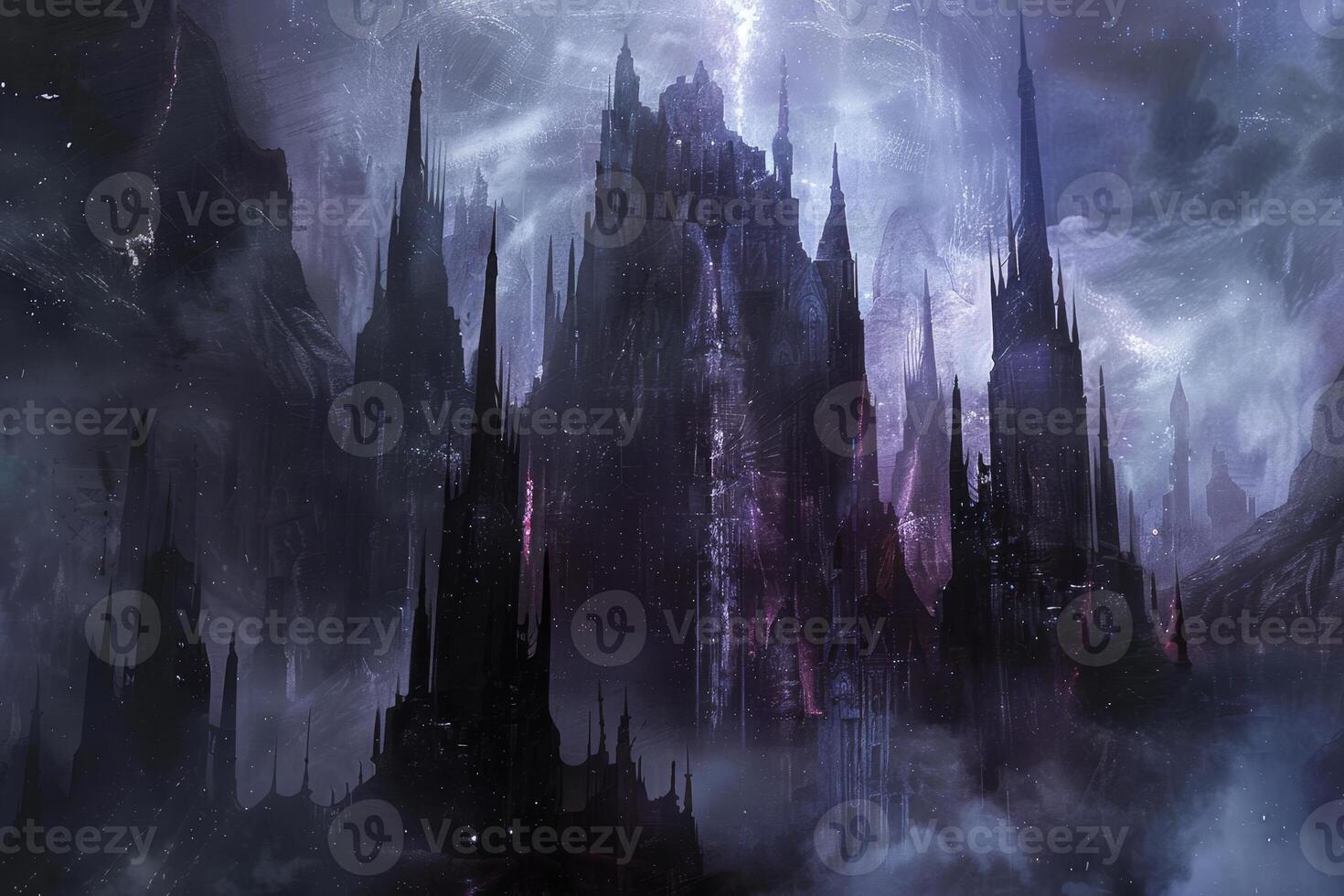 A dark castle with many spires and towers photo