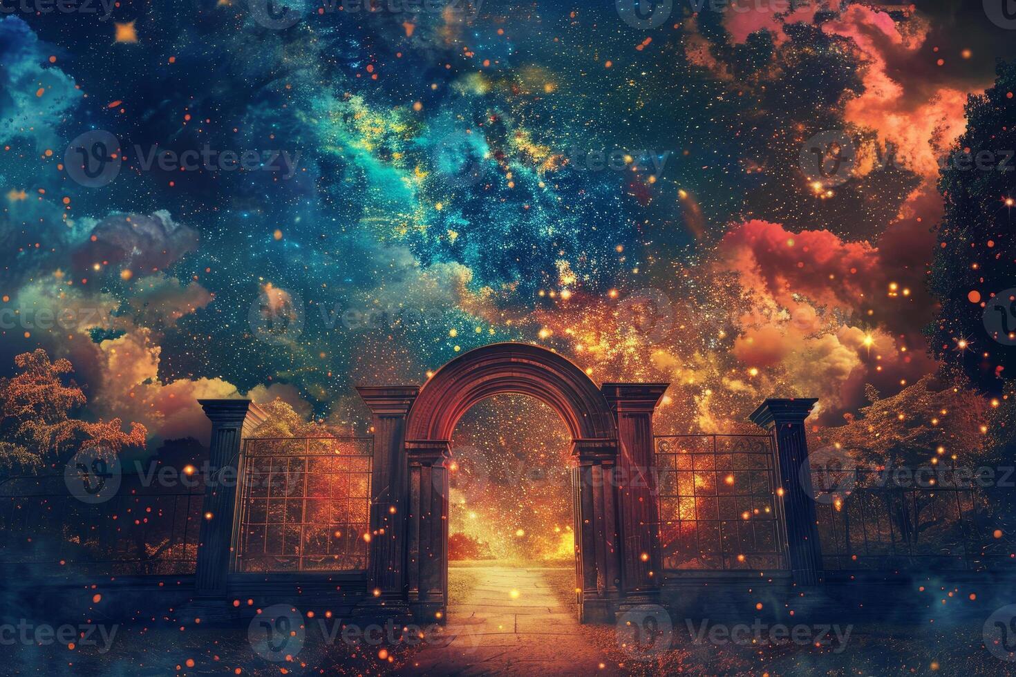 An image of a gate with a gate leading to a garden with stars and clouds photo