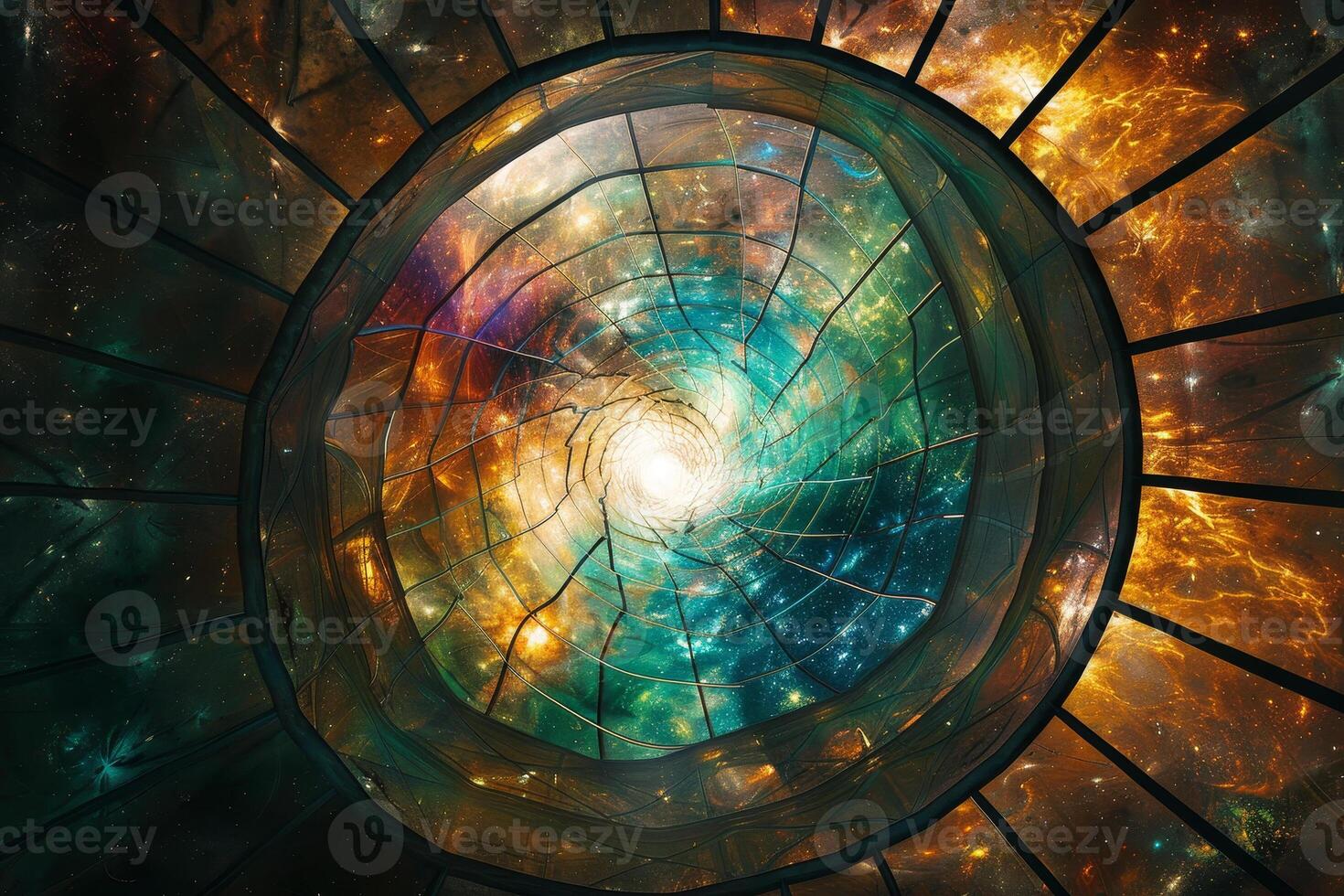 A spiral galaxy in the center of a circular window photo