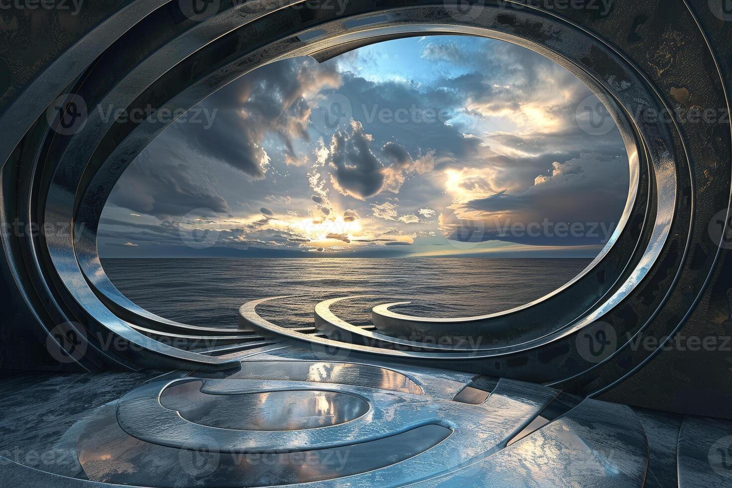 A futuristic looking tunnel with a view of the ocean photo