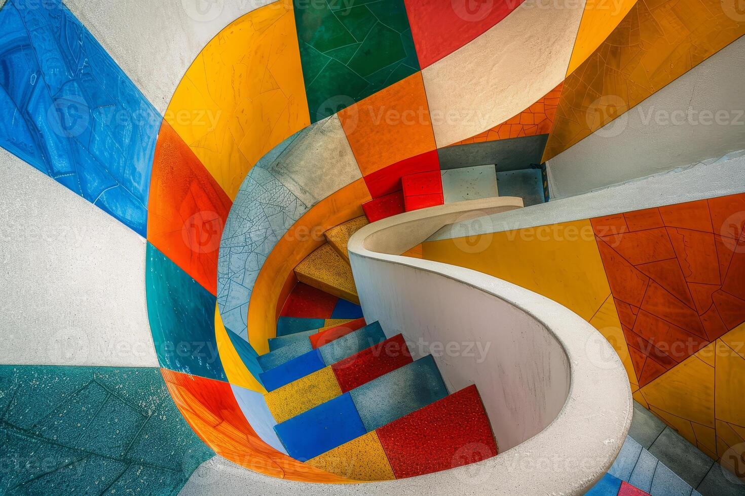 A spiral staircase with colorful stripes photo