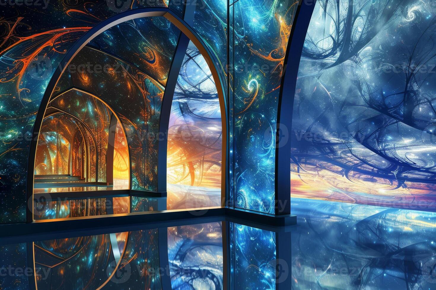 A futuristic looking room with a large window and a large mirror photo
