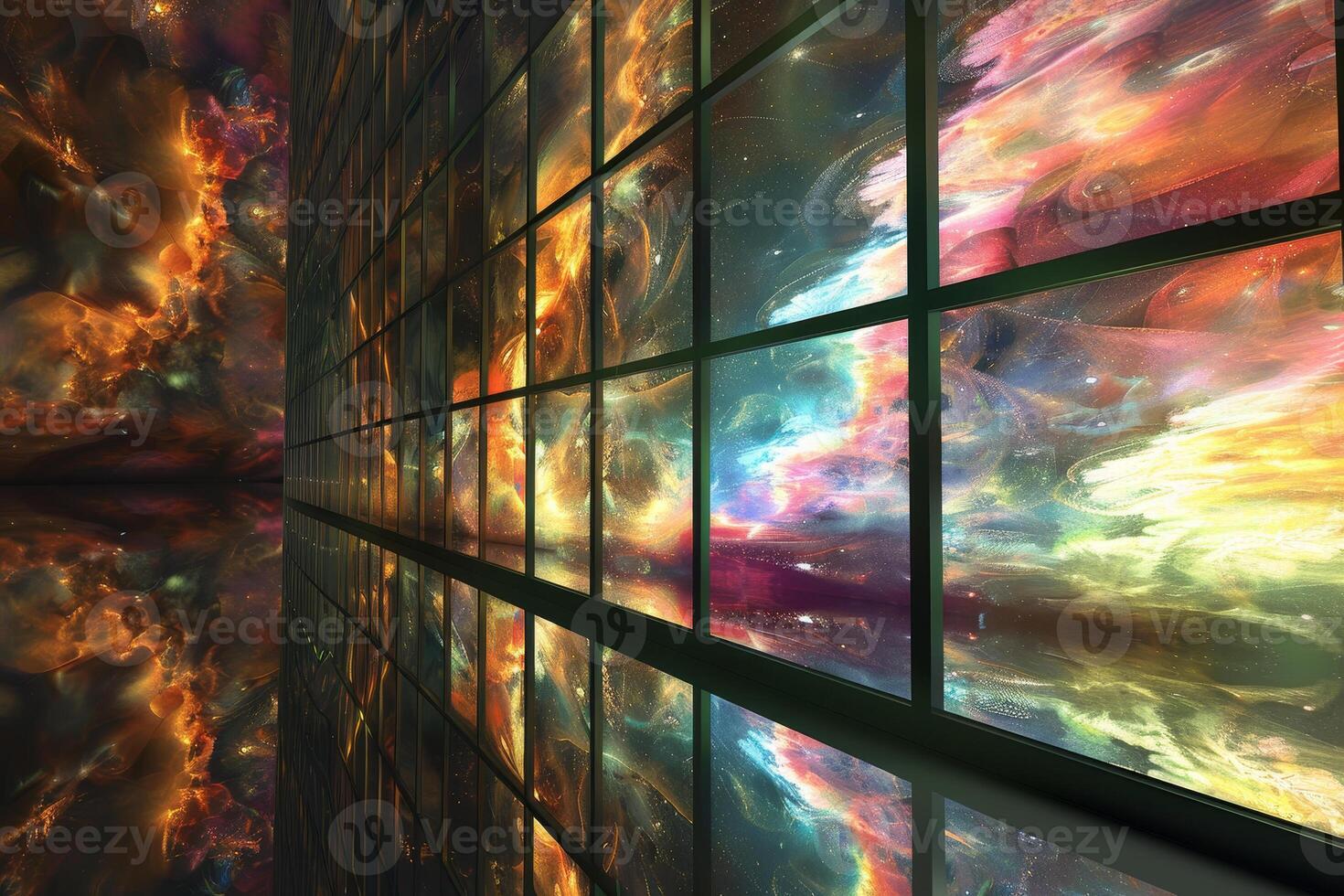 A large window with a colorful sky and clouds photo