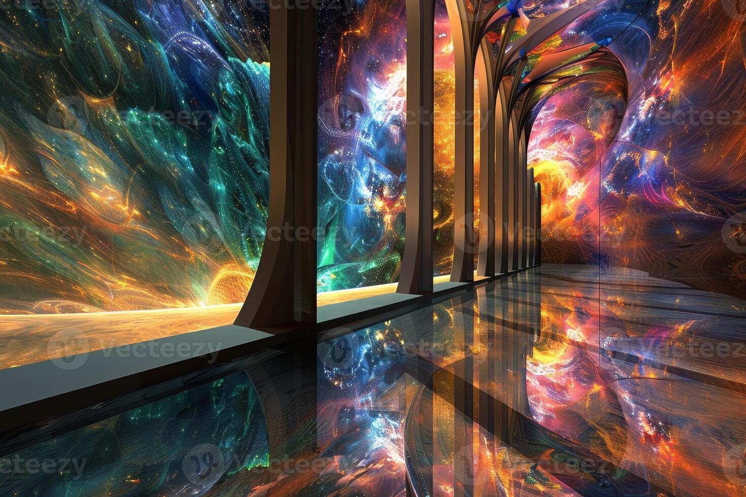 A colorful abstract painting of a hallway with a window photo