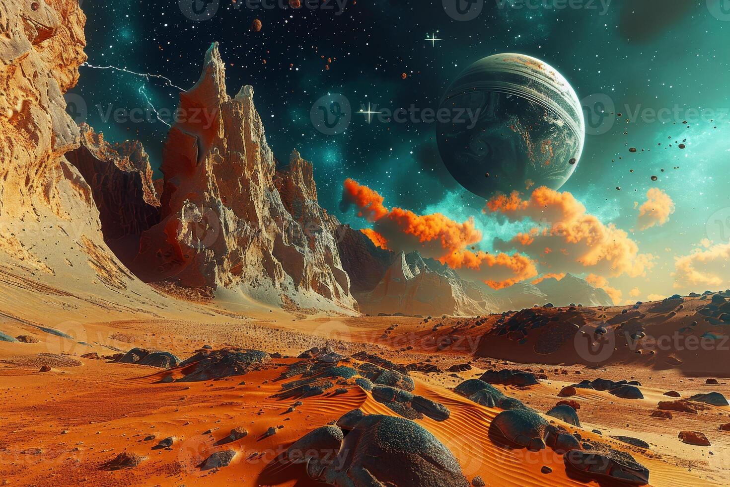 An alien landscape with rocks and planets photo