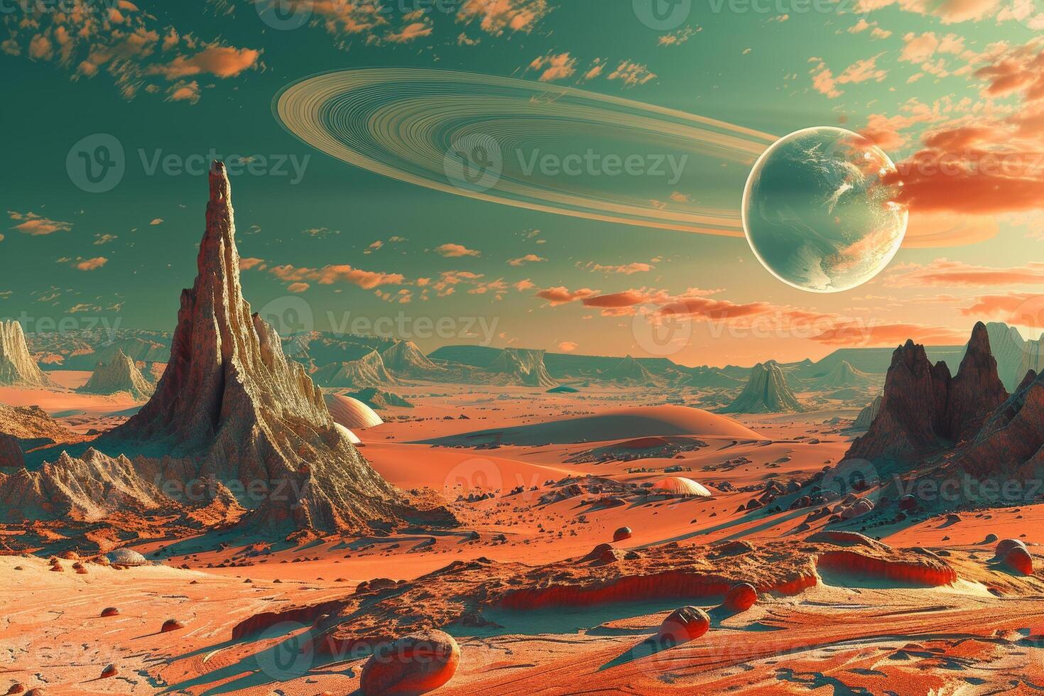 An alien landscape with a planet and other objects photo