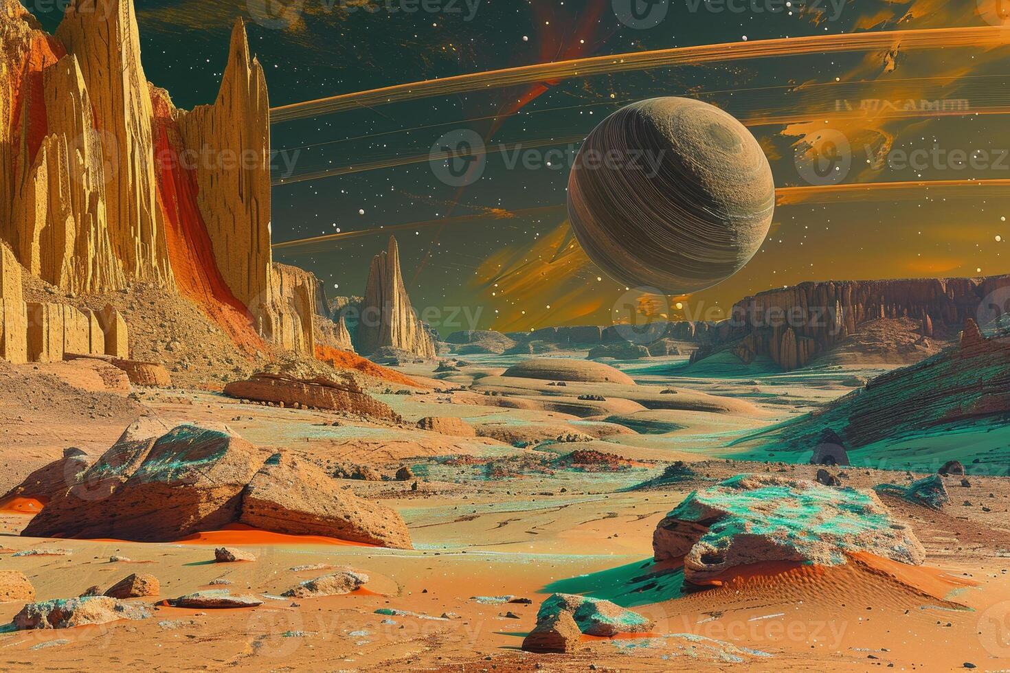 An alien landscape with a planet in the distance photo