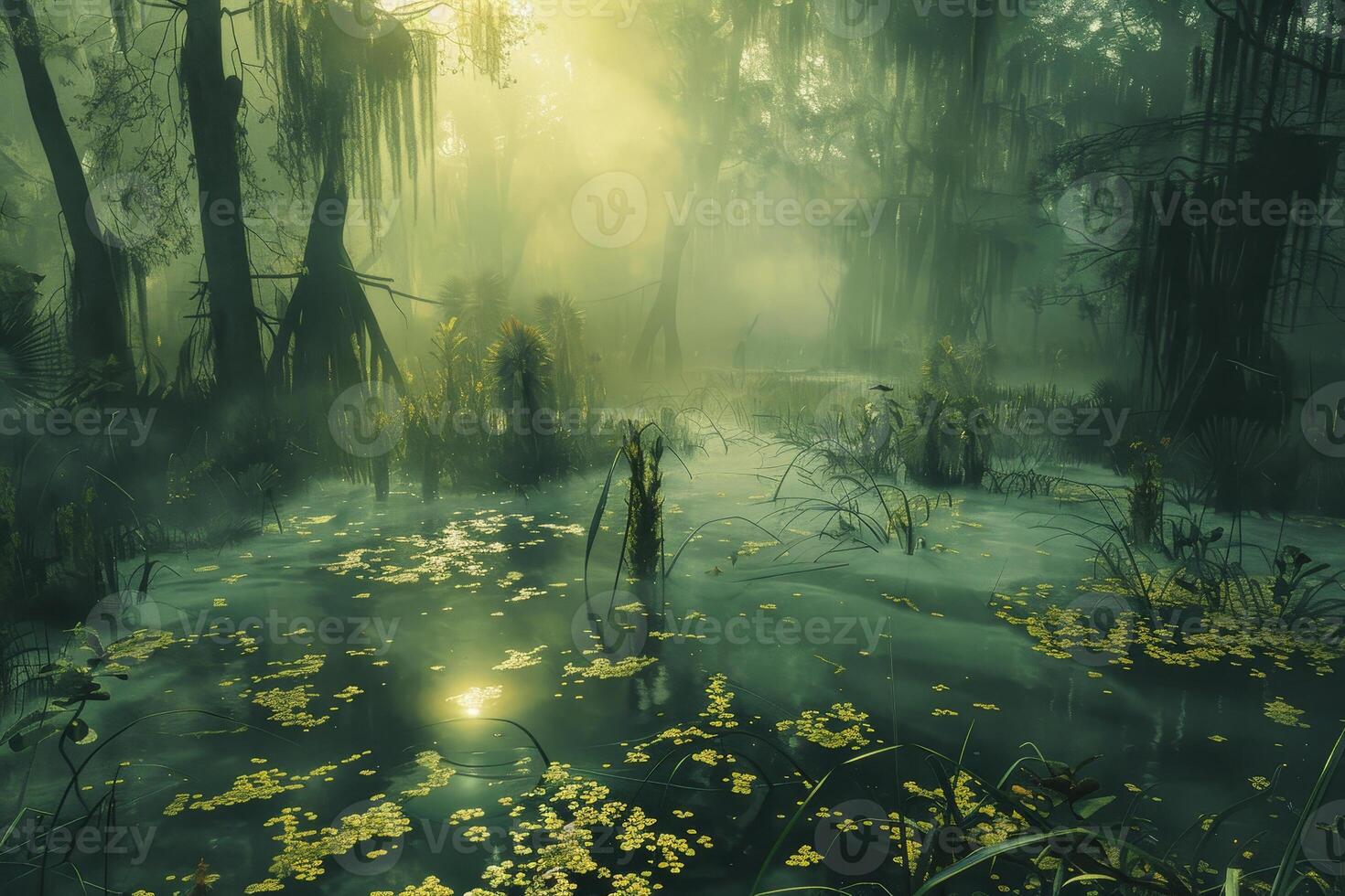 A swamp with water and plants in the middle photo