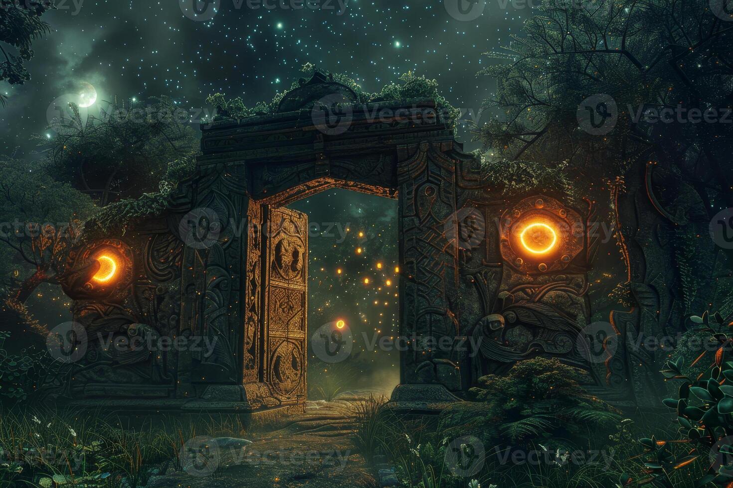 The entrance to a dark forest with glowing lights photo