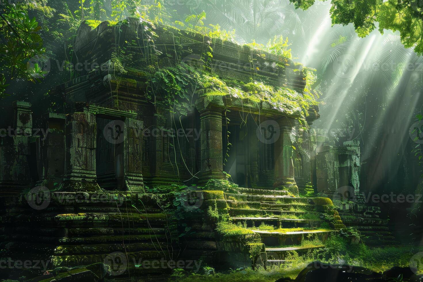An ancient temple in the jungle with sunlight shining through the trees photo