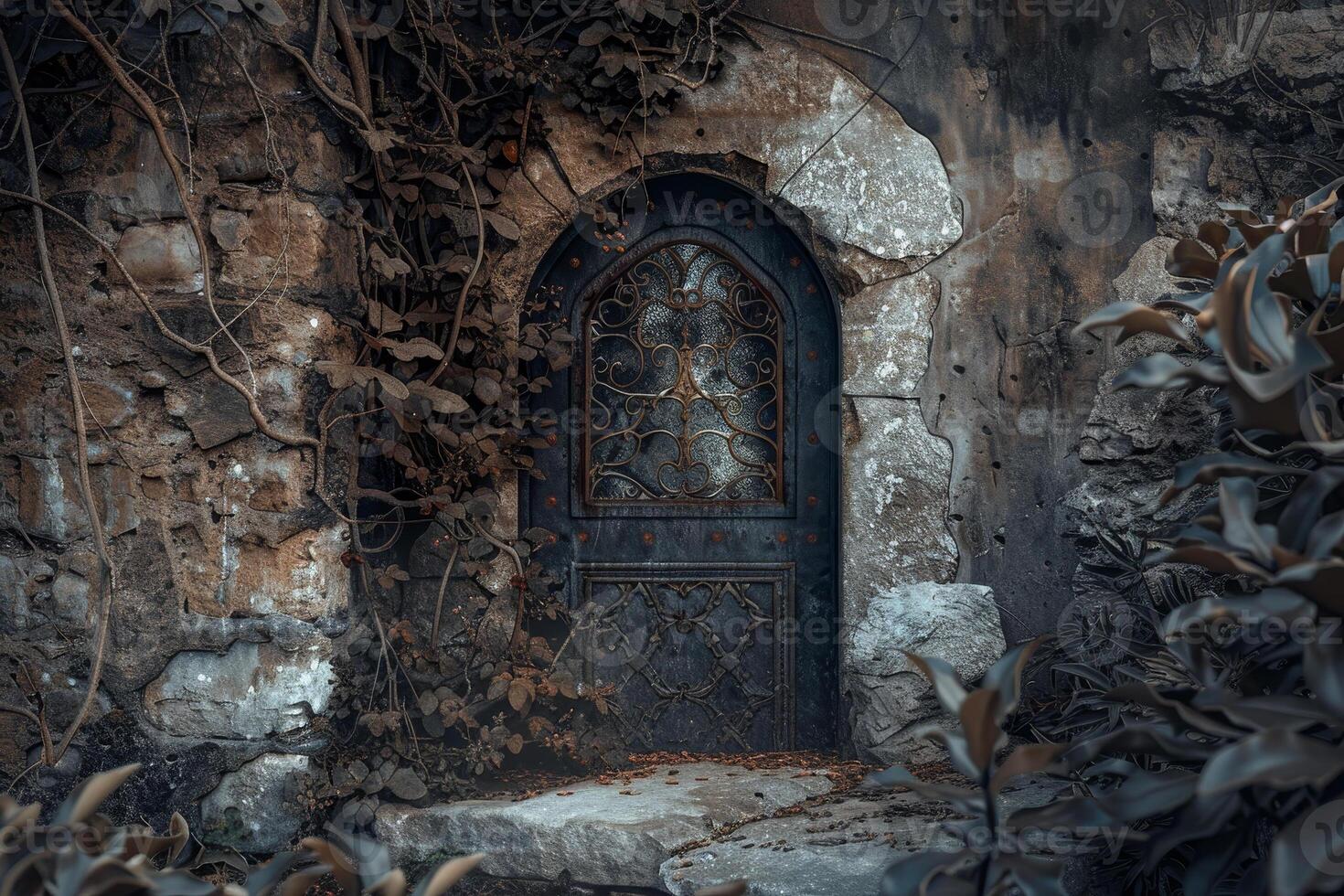 An old door in a stone building with vines growing around it photo