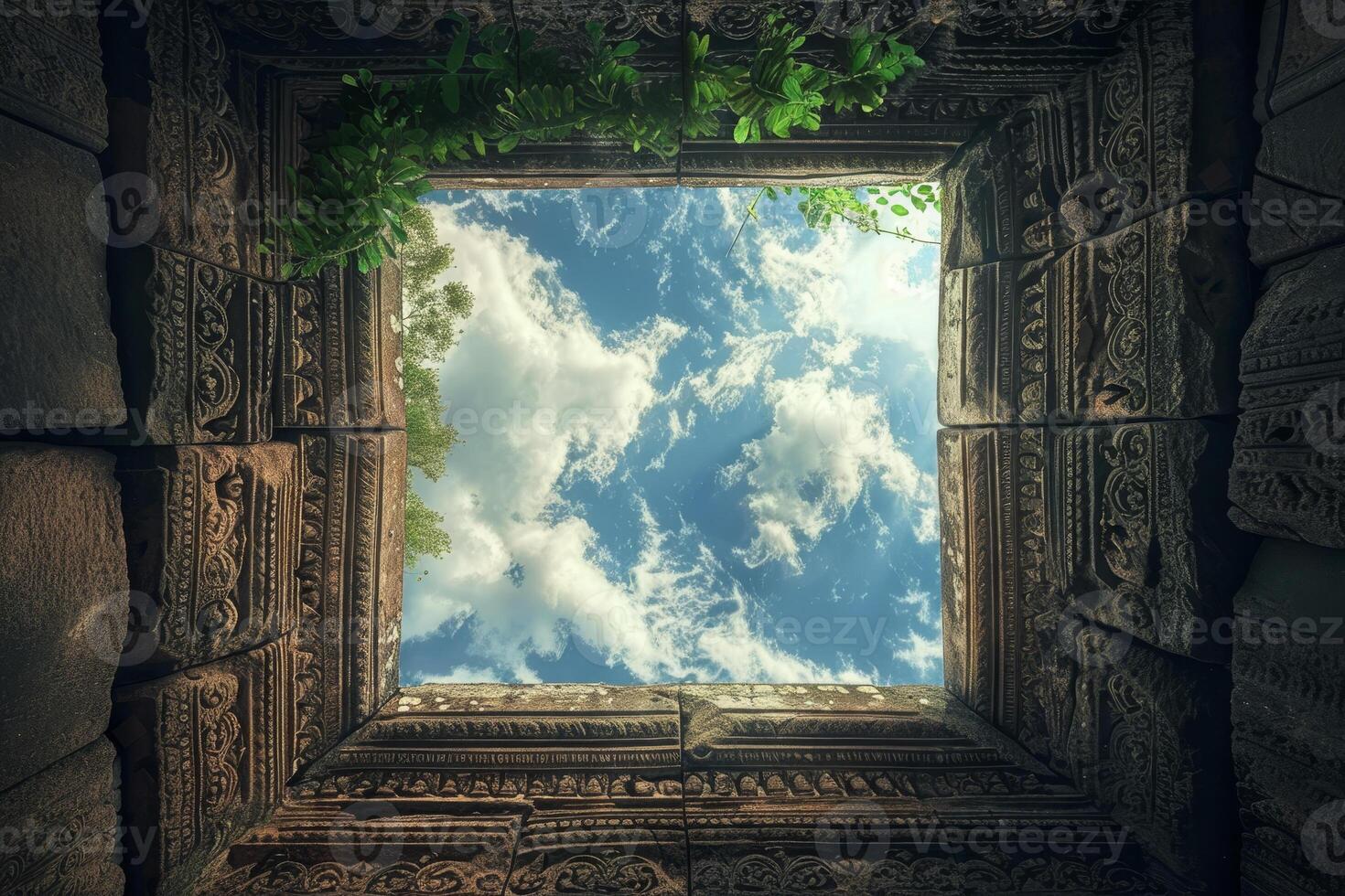 An ancient window with a view of the sky photo