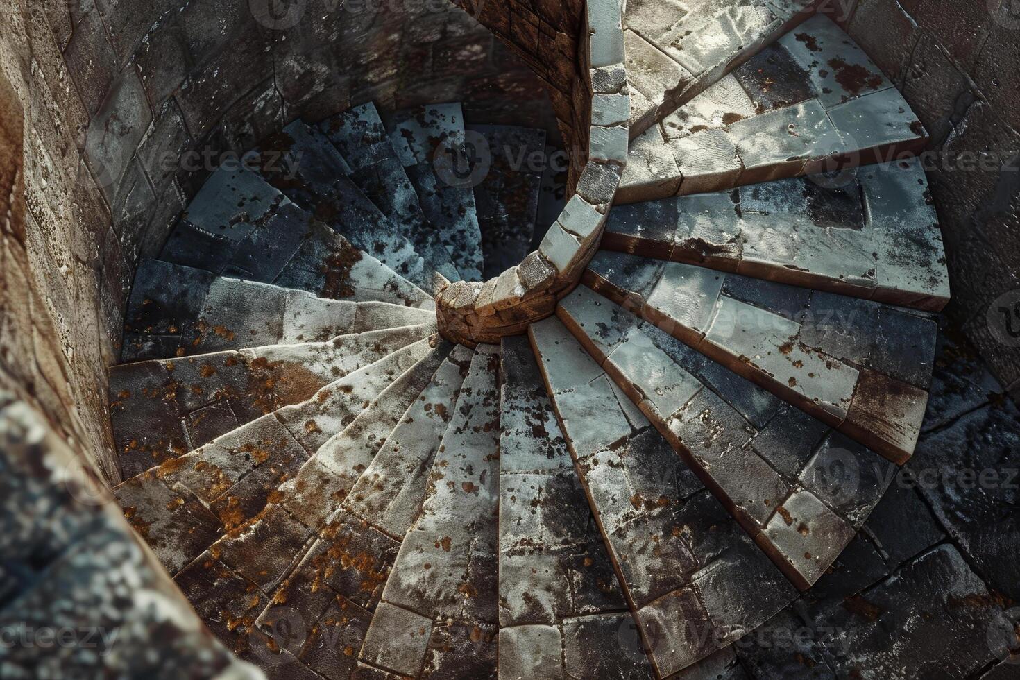 A spiral staircase in a stone building photo