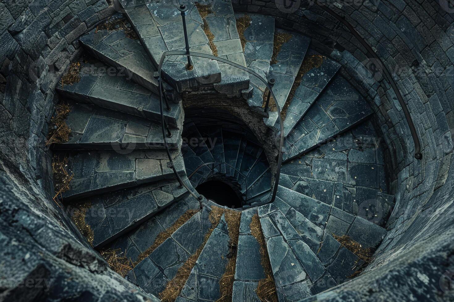 A spiral staircase in a stone building photo