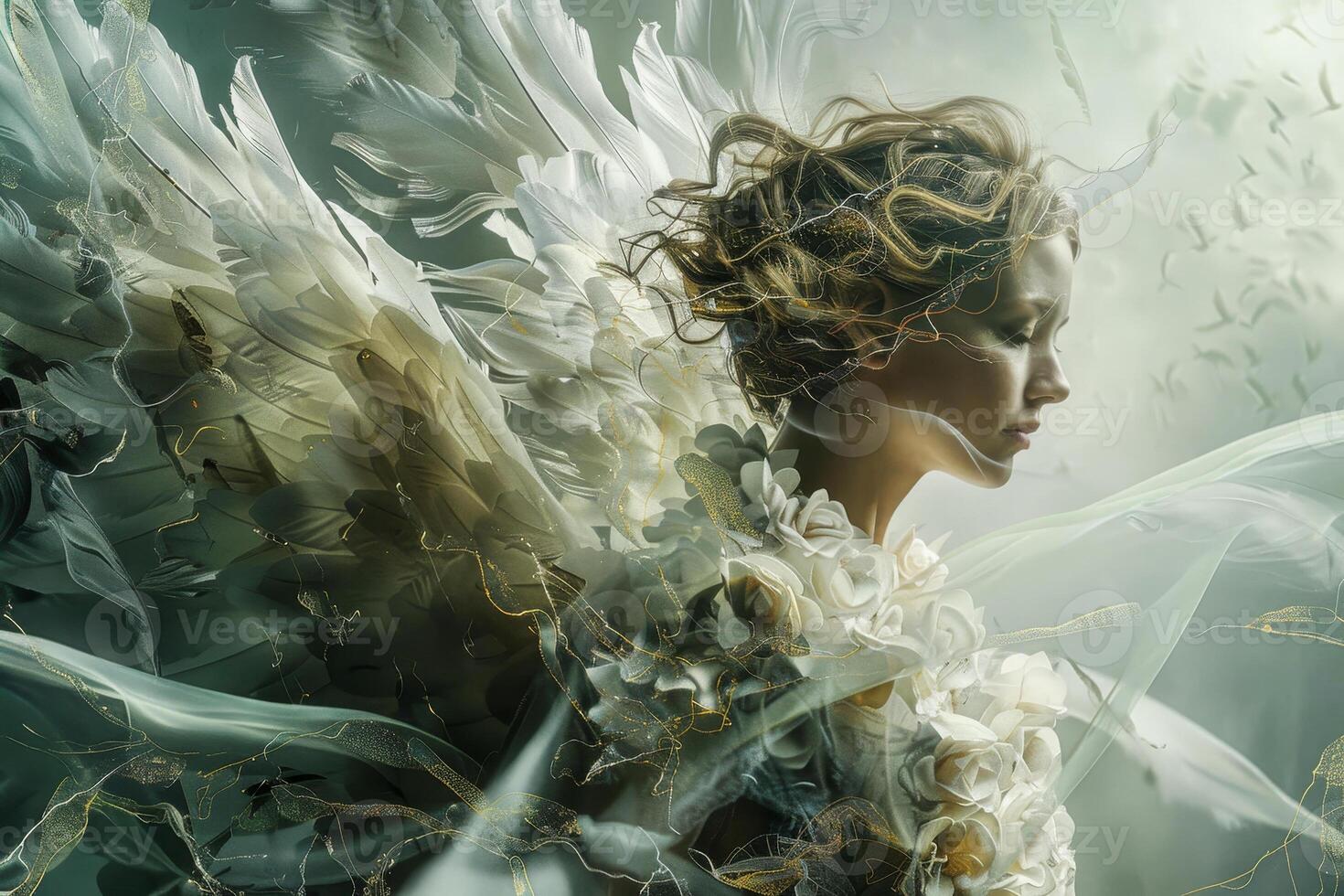 A woman with white wings and a flower in her hair photo