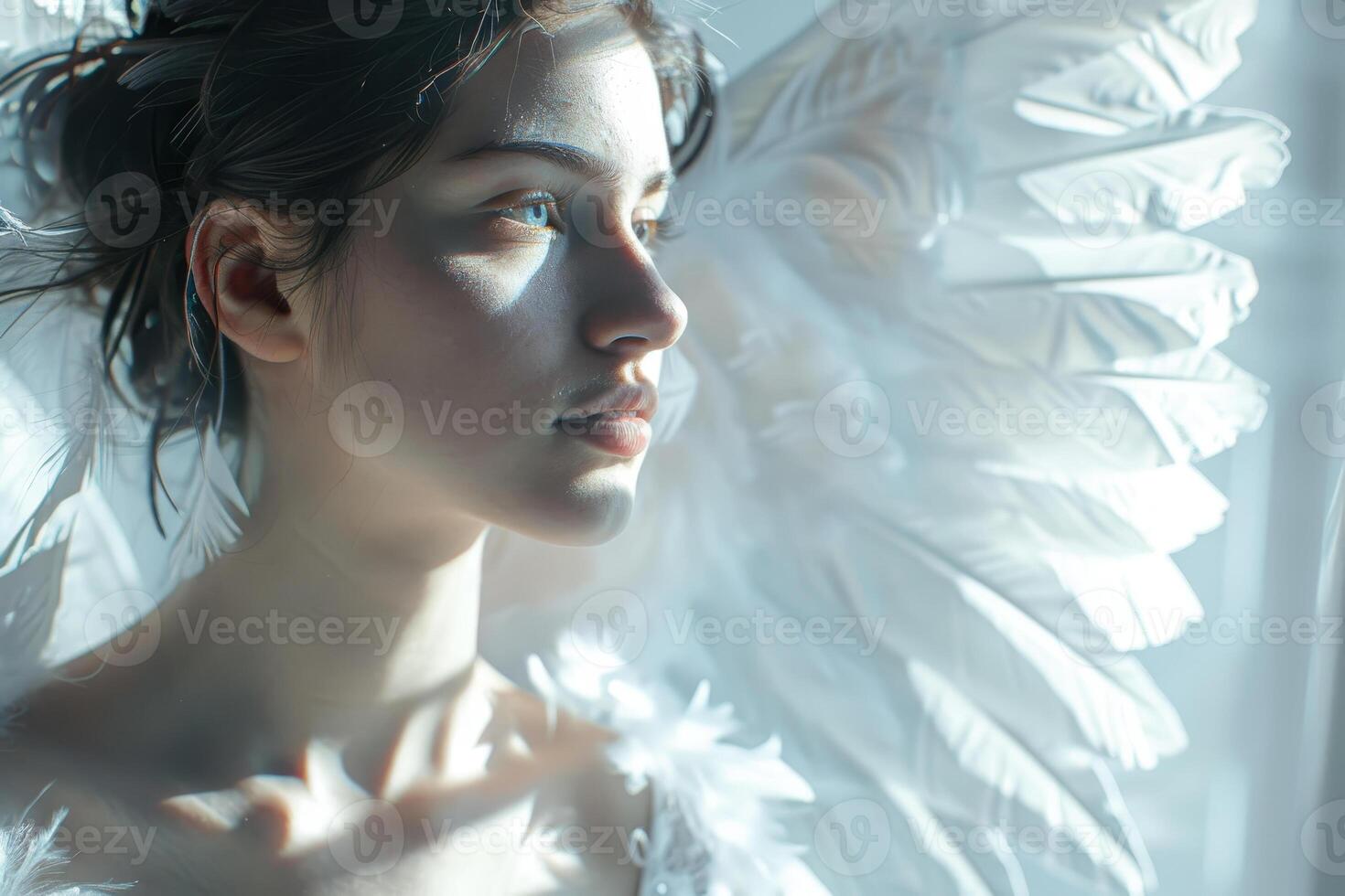 A woman with white wings and a white dress photo