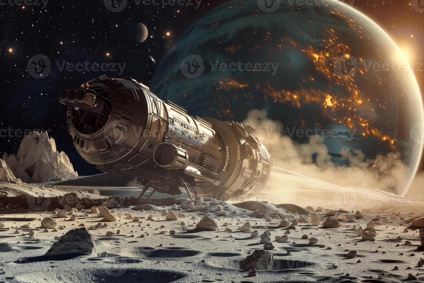 An alien spaceship is on the moon with rocks and rocks photo