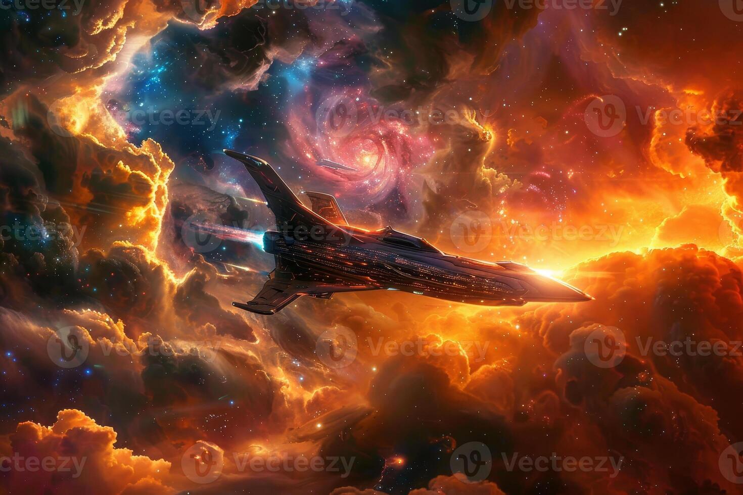 Space ship flying through the galaxy photo