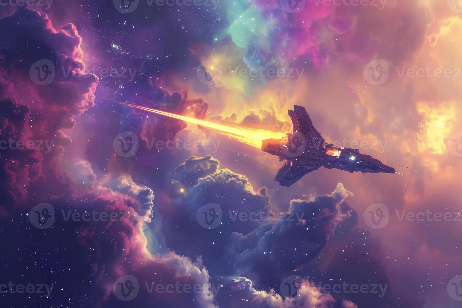 Space ship flying through the clouds with colorful stars photo