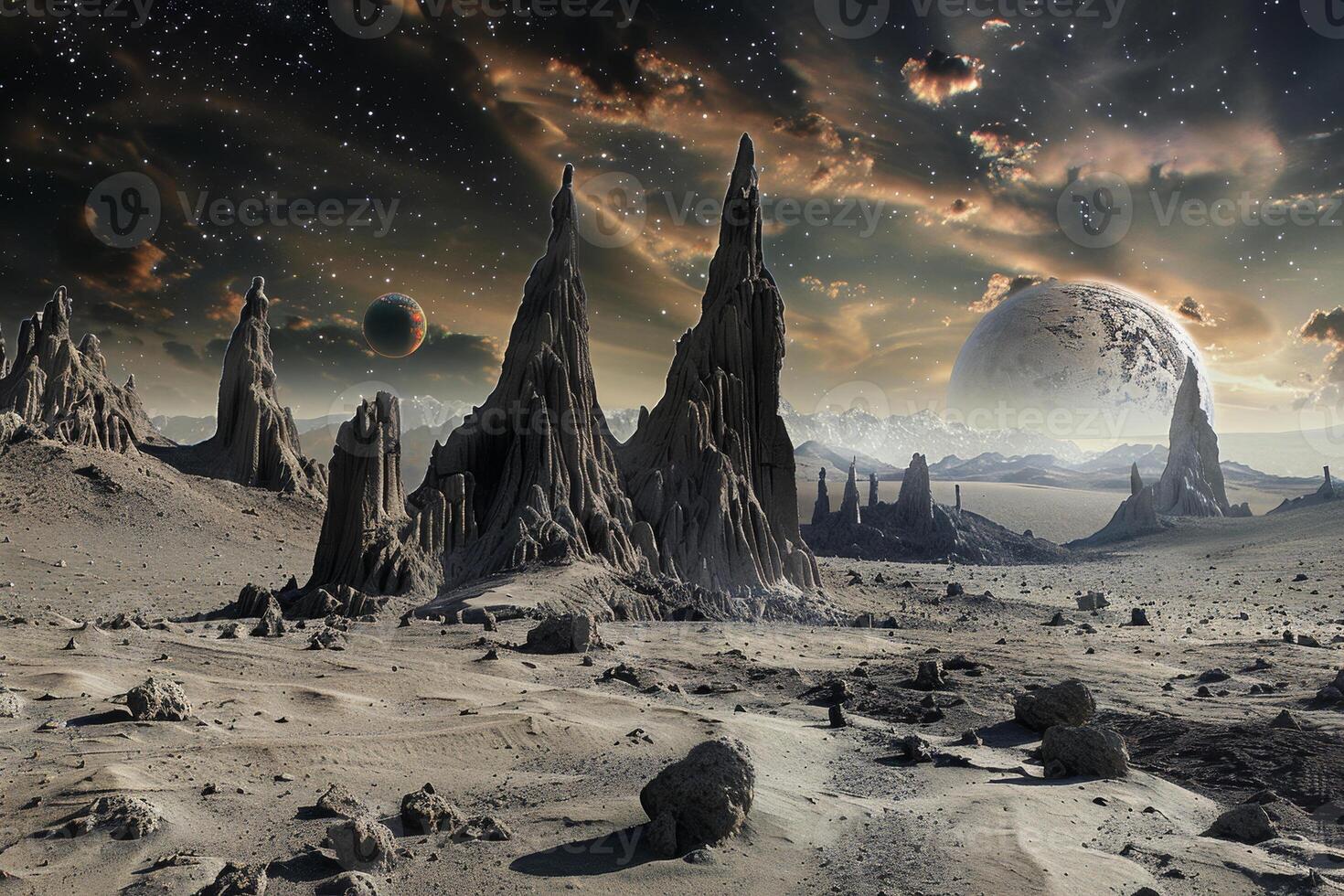 An alien landscape with rocks and mountains photo