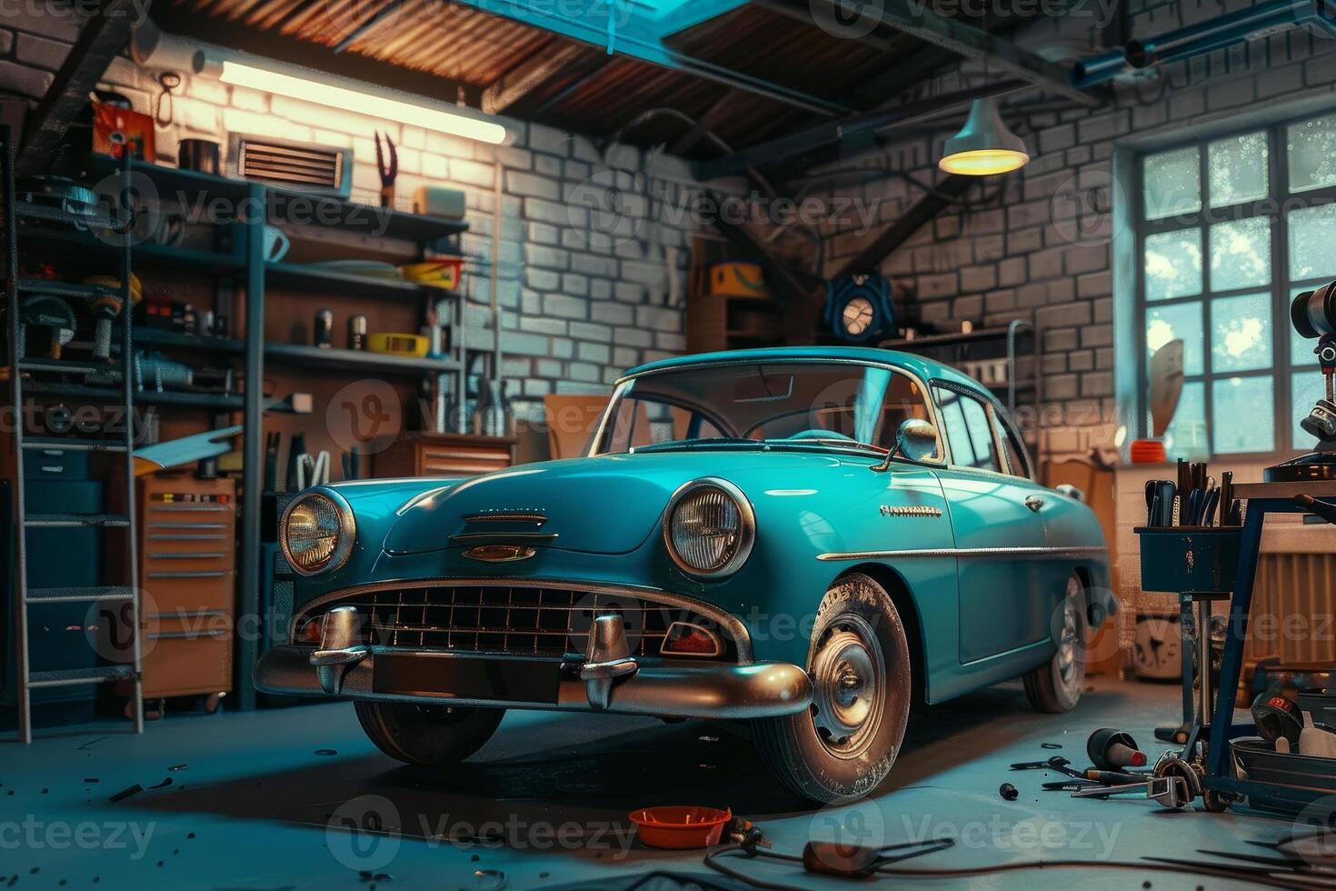An old car in a garage with tools and tools photo