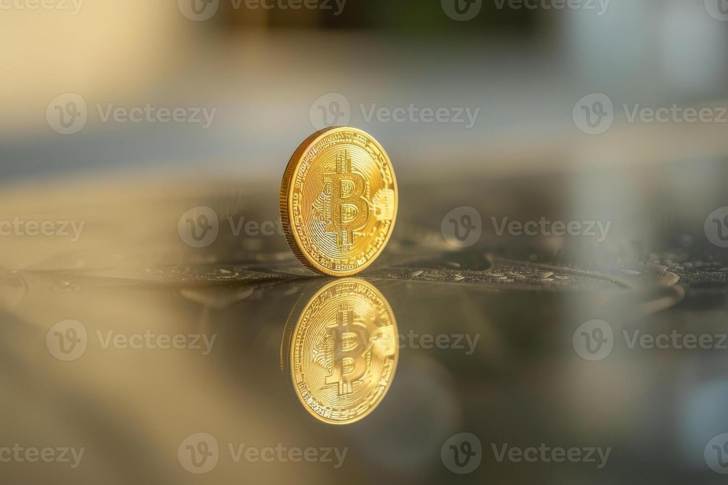 Bitcoin on a table with a reflection of the coin photo