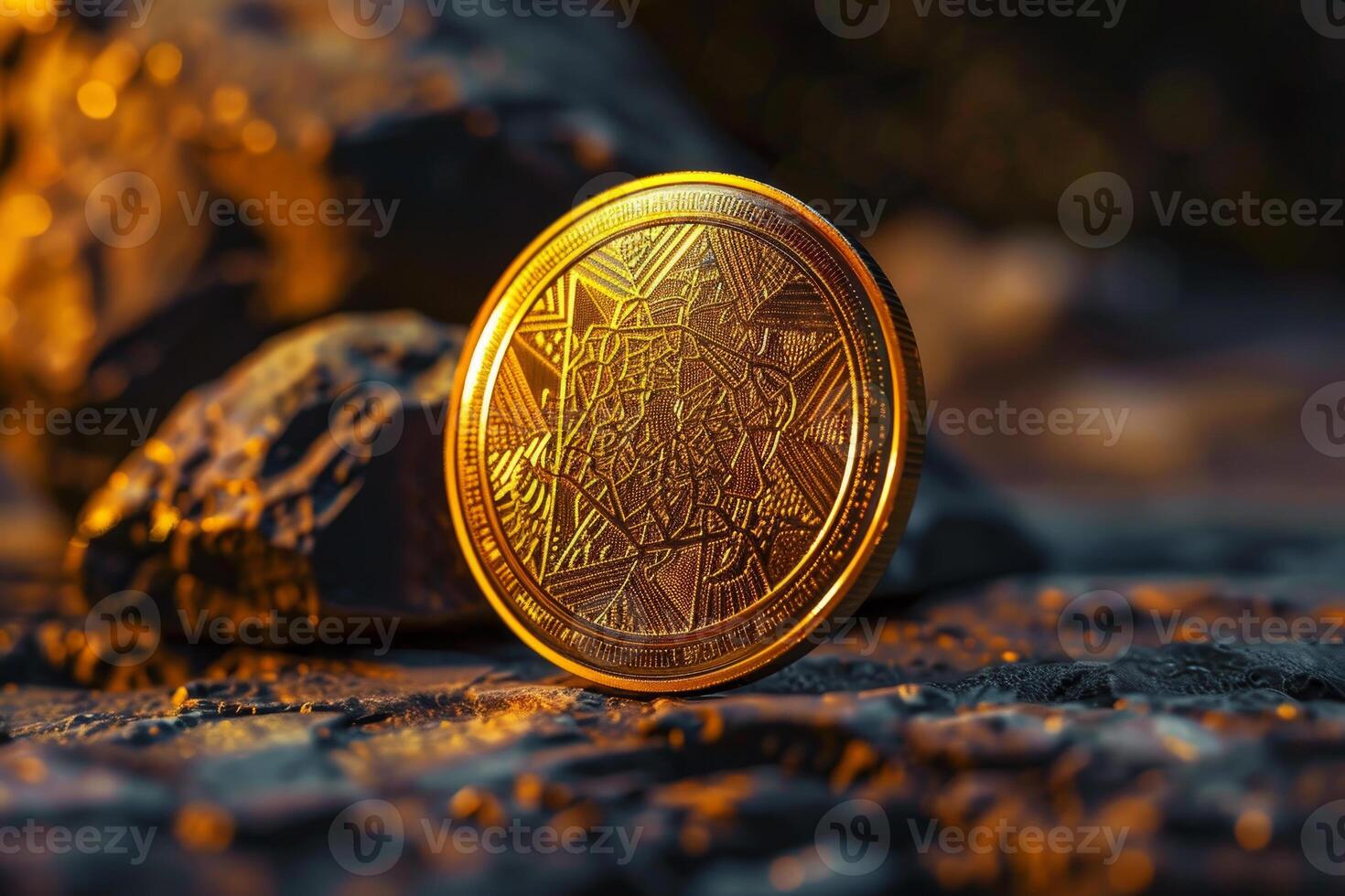 A gold coin sitting on top of rocks photo