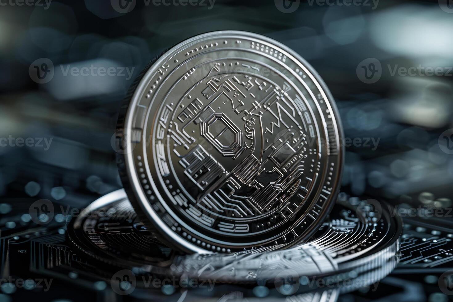 Bitcoin coin on a circuit board with a blurry background photo