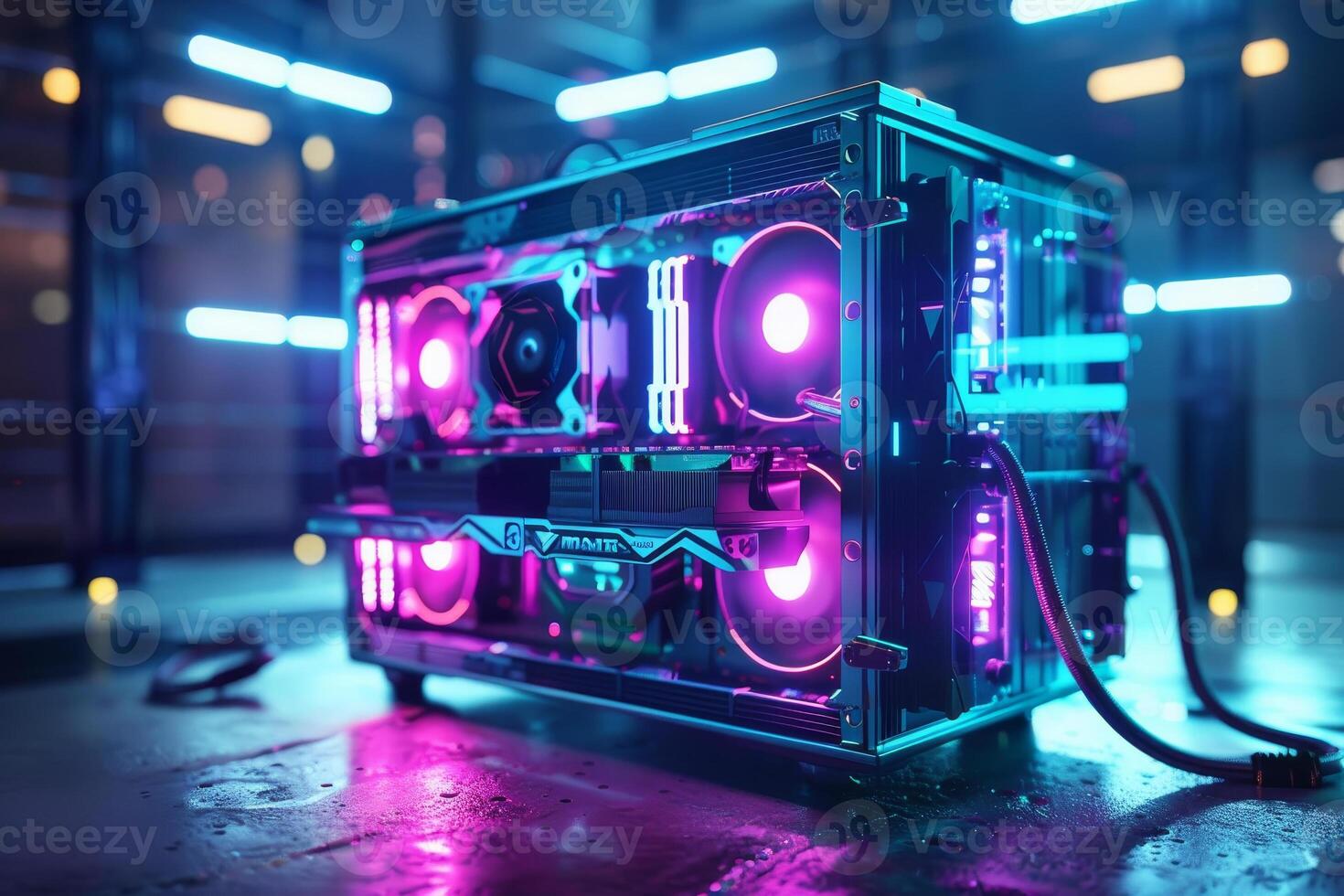 A computer case with neon lights on it photo