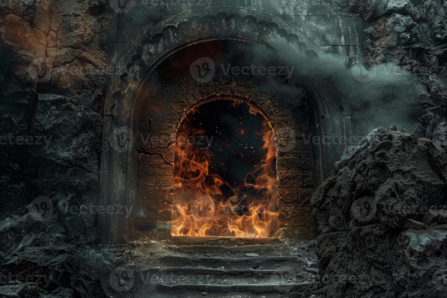 An image of a door with fire coming out of it photo