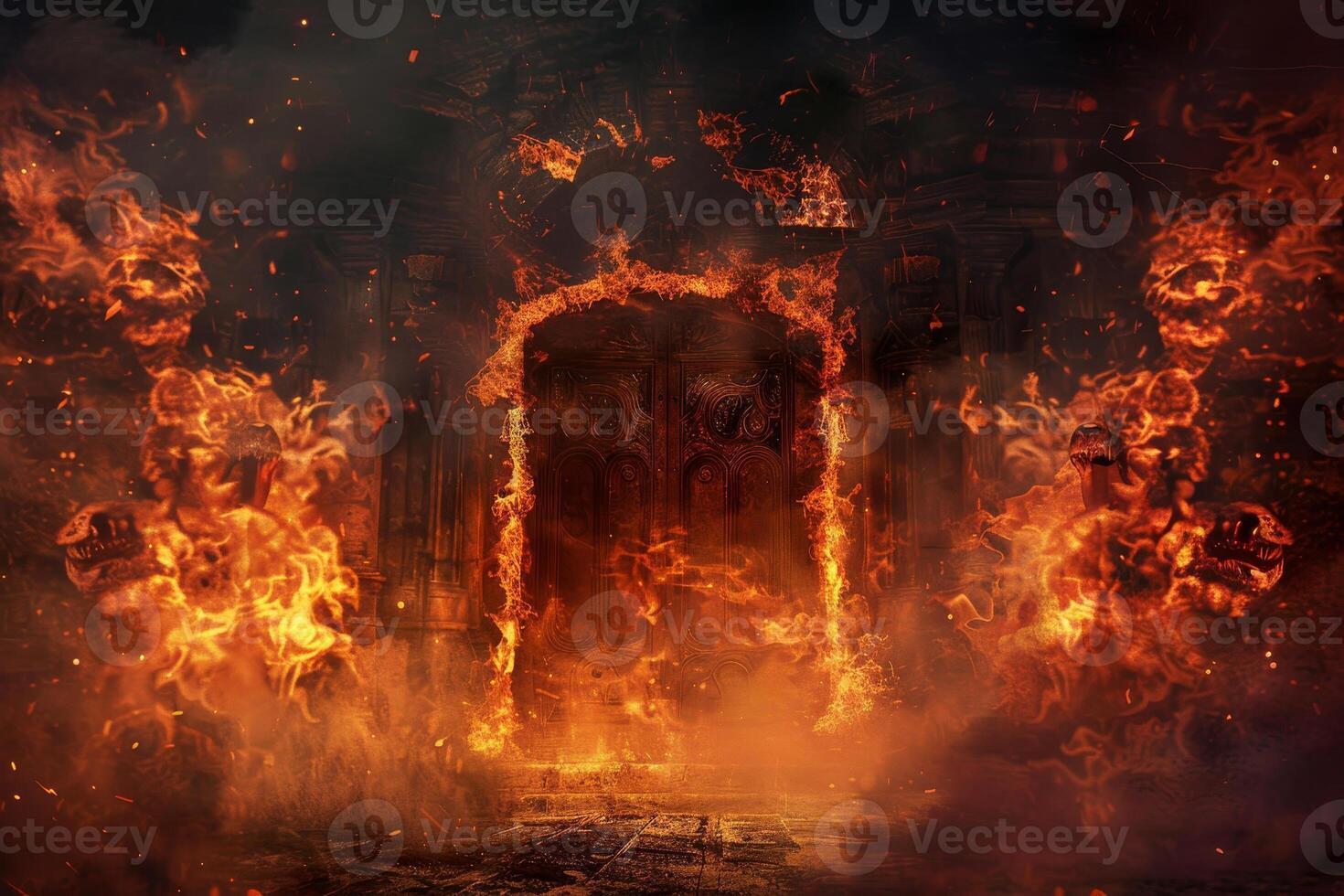 A burning door with flames coming out of it photo