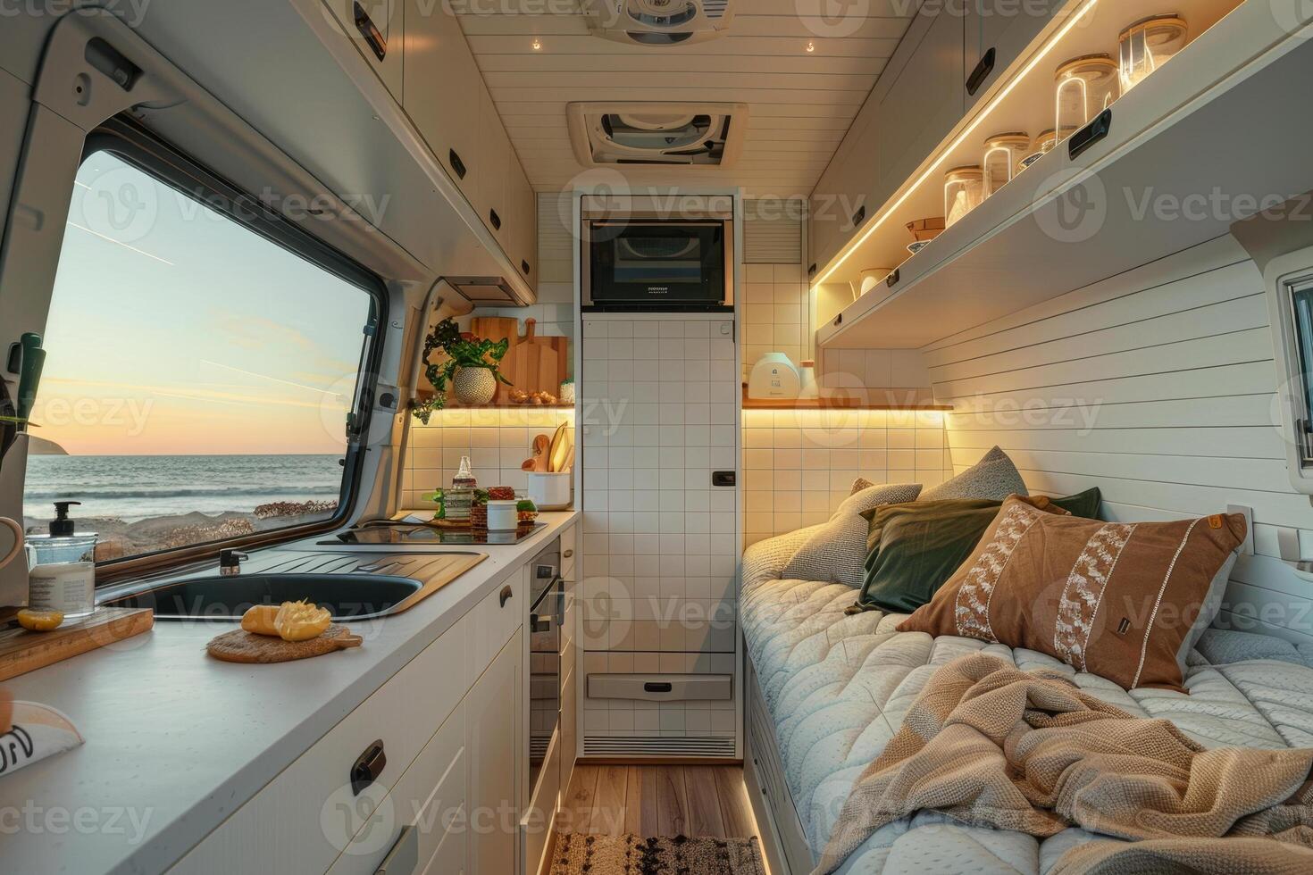 A small bedroom in a camper van with a view of the ocean photo