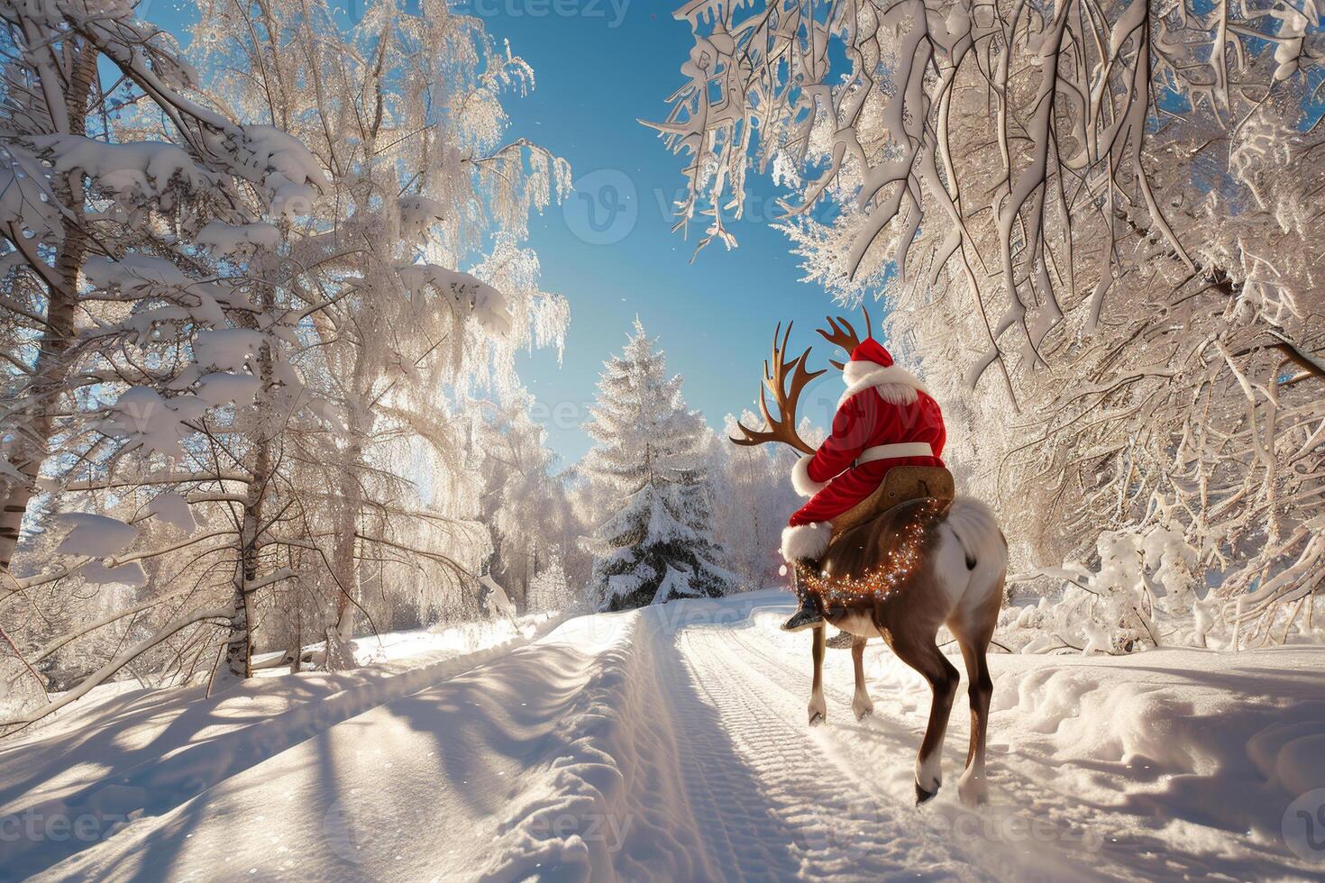 Santa claus riding on a reindeer in the snow photo