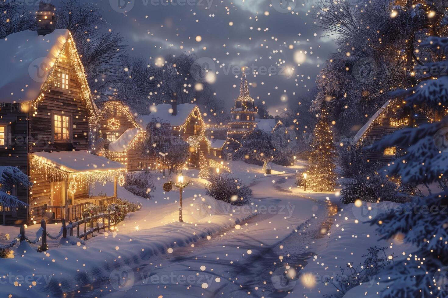 A snowy village with lights on the trees photo