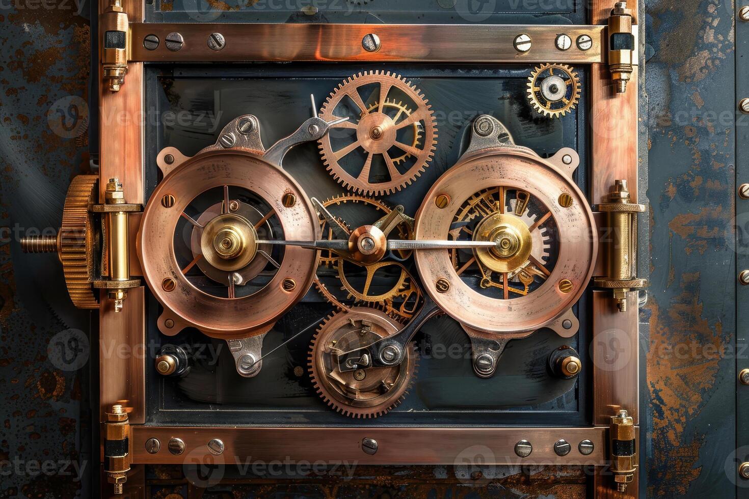 Steampunk clock in a metal box with gears photo