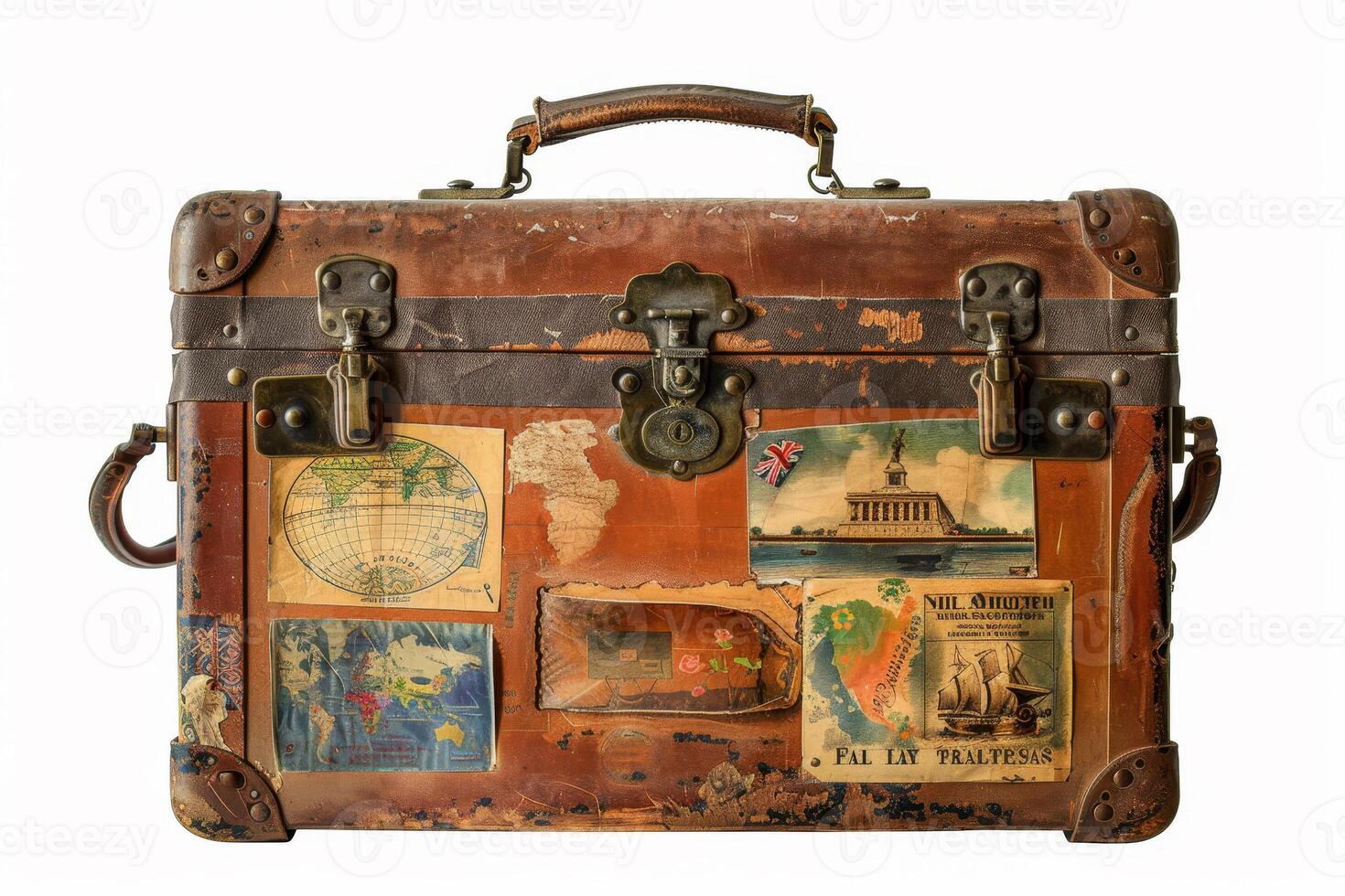 An old suitcase with a lot of different pictures on it photo