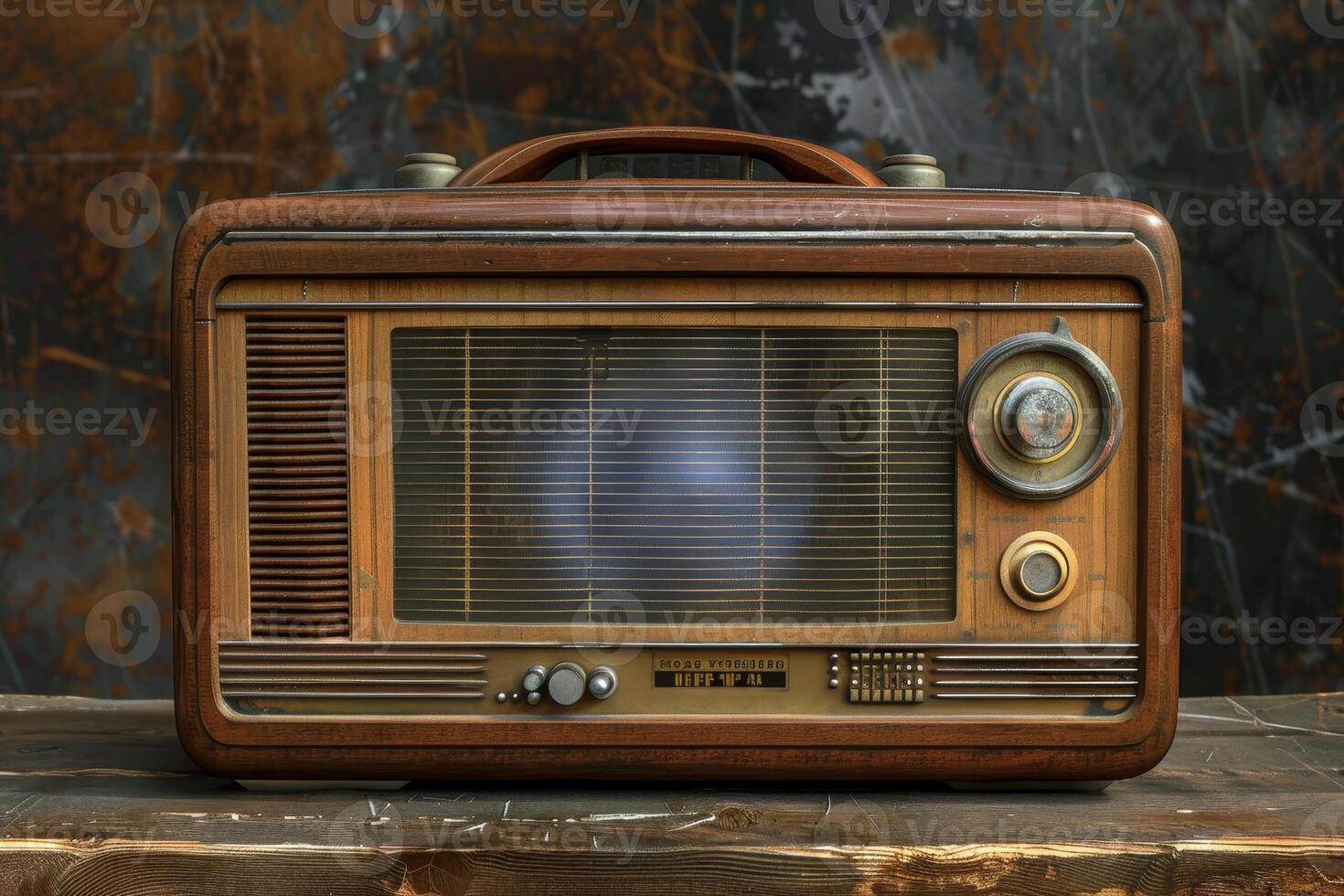 An old fashioned radio sitting on a wooden table photo