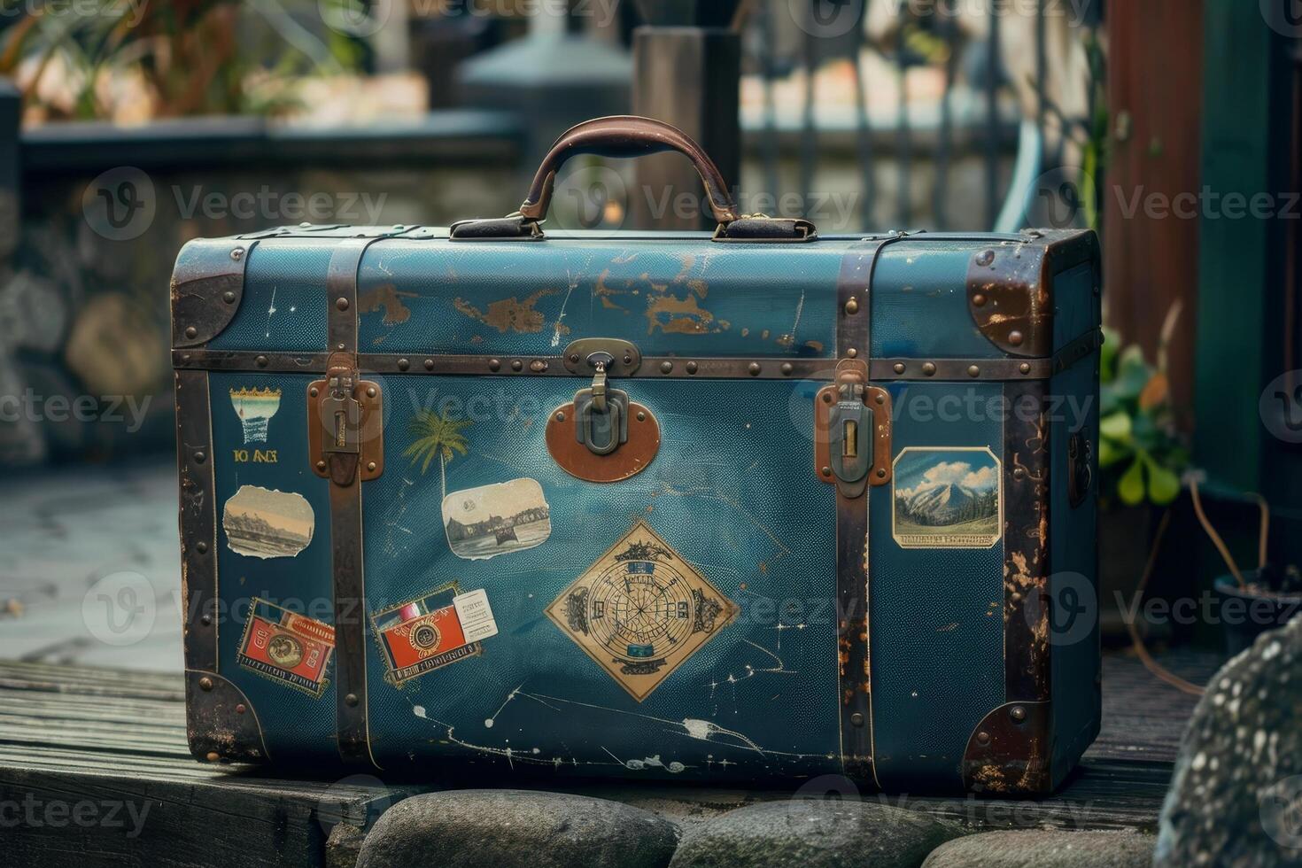 An old blue suitcase with stickers on it photo
