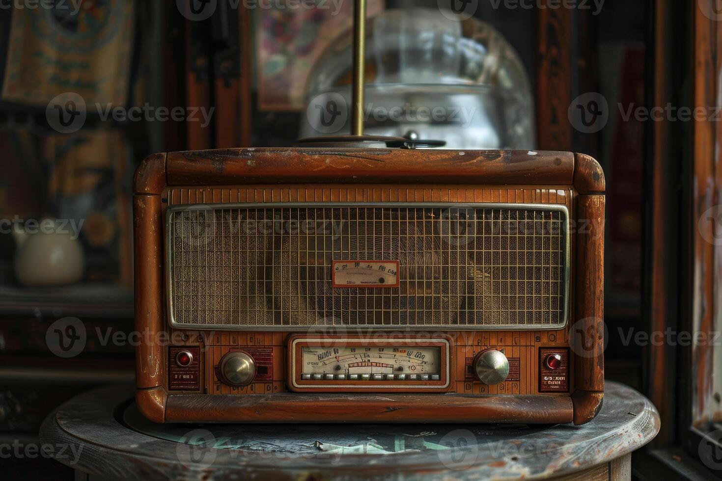 An old radio sitting on top of a table photo