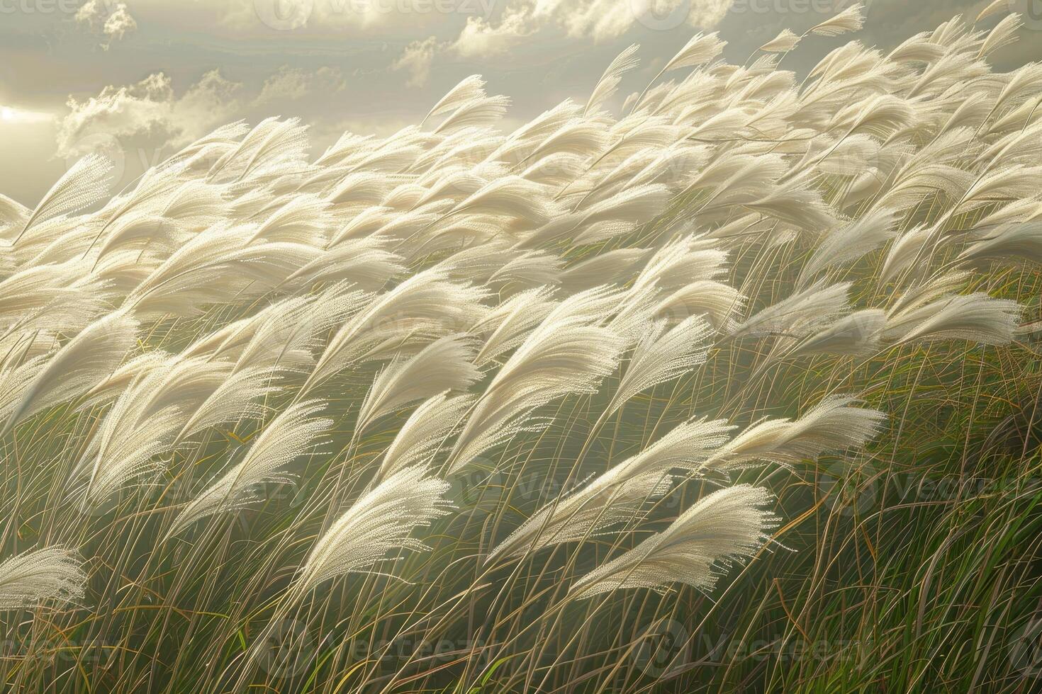 A field of tall grass with a bird flying in the sky photo